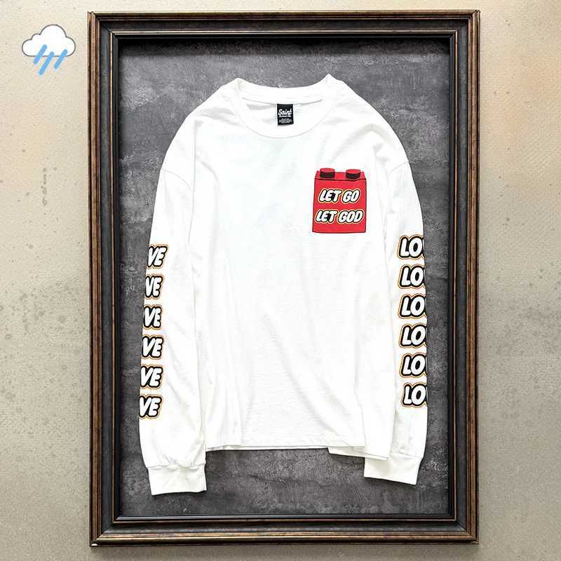 High Quality Cotton Oversized Vintage White T-Shirt Tops Cartoon Jesus Print Saint LET GO LET GOD Long Sleeve T Shirt Men Women T261019