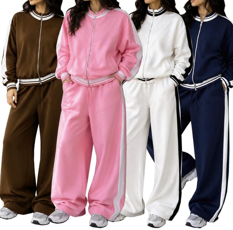 Fashion brand women's two-piece set 2026 autumn/winter new item color blocked stand up collar zipper letter jacket drawstring wide leg pants wo