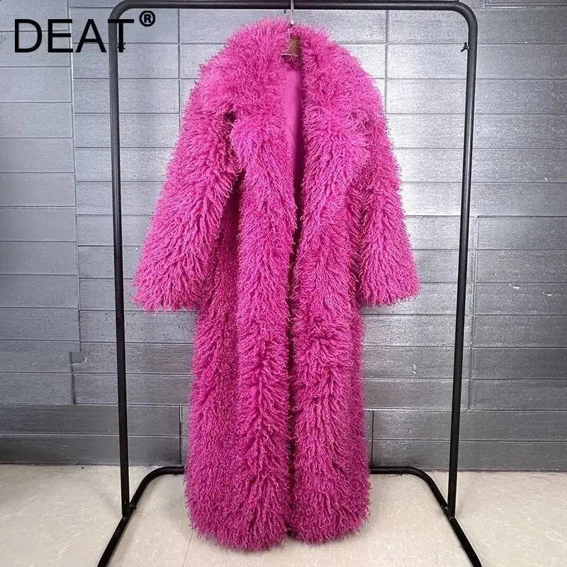 DEAT 2026 Autumn Winter Fashion Beach Wool Faux Fur Coat For Women Suit Collar Solid Color Long Overcoat Female 11A07448 261015