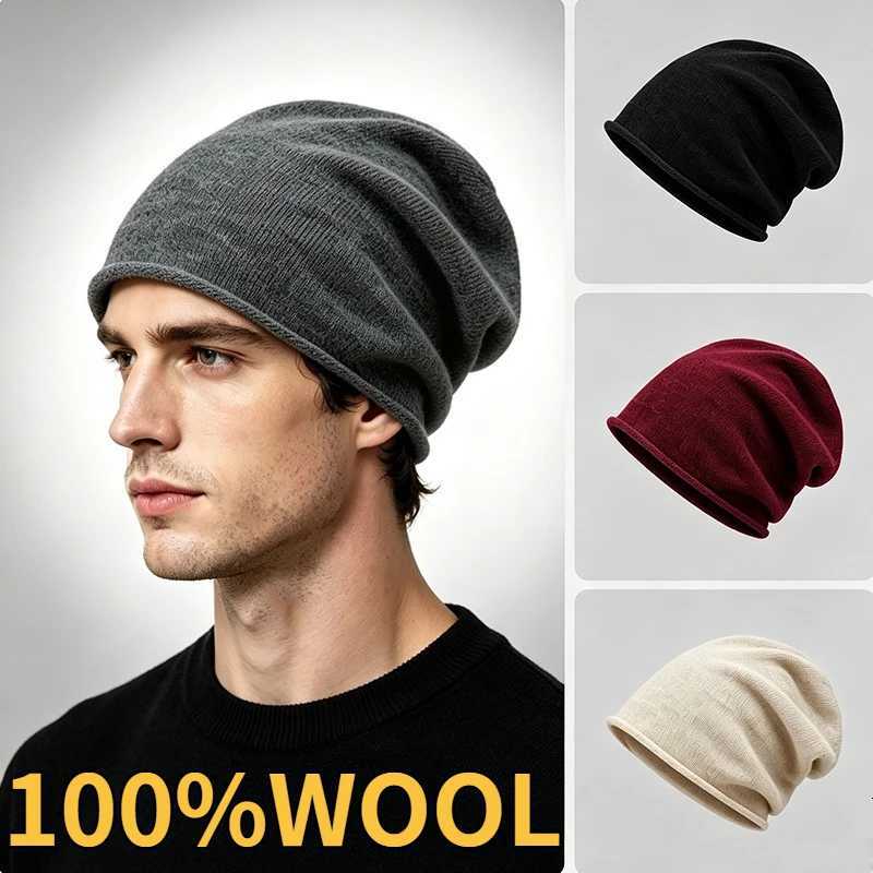 Beanie/Skull Caps 100% Wool Knitted Hat Women's Autumn and Winter Warm Pile Hat Crimped Ear Protector Cold Hat Men's Face Small Gray Wool