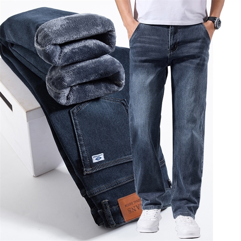 Men's Winter Fleece Thicken Lightweight Business Straight Leg Jeans Solid Color Versatile Slight Elastic Long Pants260930ww