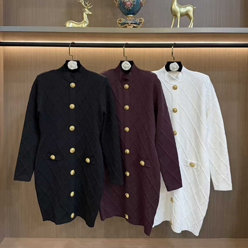 Women's Sweaters designer Autumn 2026 new diamond-patterned, stand-up collar, shoulder-draped, back-zippered, gold-buttoned knitted dress