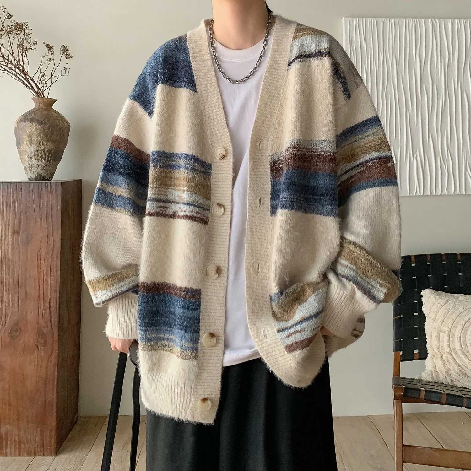 Clothing Knit V Collar Men's Patchwork Cardigan Sweater Coat Long Slve Korean Popular Leisure Oversized Knitwear M-3XL M261016