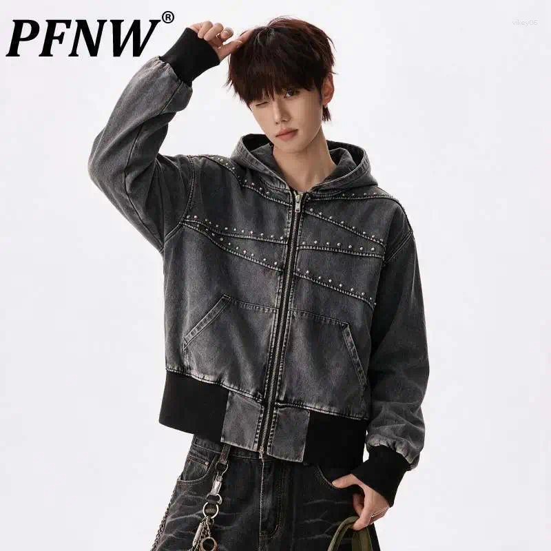 Fashion Retro Rivet Distressed Short Jacket Men's Hooded Long Sleeve Zipper Cardigan Jackets 2026 Autumn Tide 28L3710