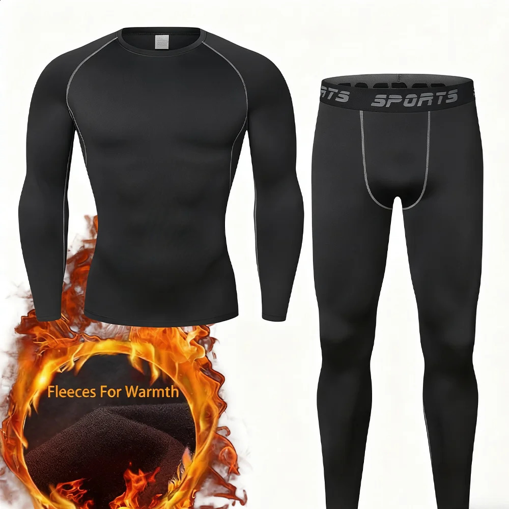 Winter Men Thermal Underwear Set Mens Fleece Lined Warm Undershirts Long Johns Compression Tights Fitness Sports Tracksuit Set 261014