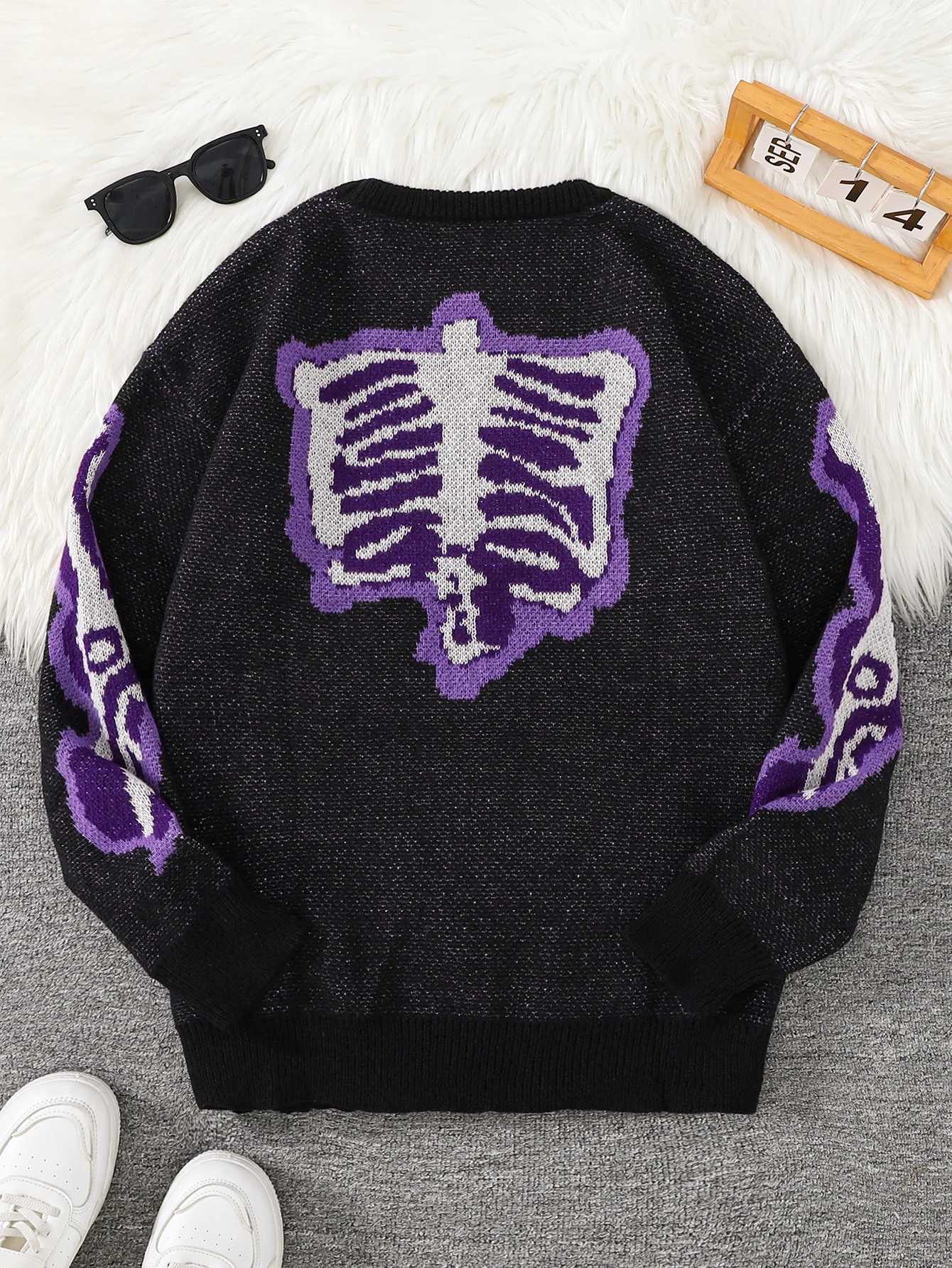 Trendy Autumn and Winter New Skeleton Pattern Pullover Sweater Casual Round-Neck Color-Blocking Knit Men's Pullover M261016