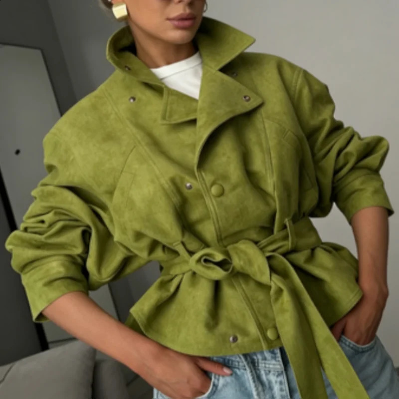 Avocado Green Lapel Jacket For Women Long Sleeve Single Breasted Solid Trench Coat 2026 Lady Spring Autumn Streetwears 261015