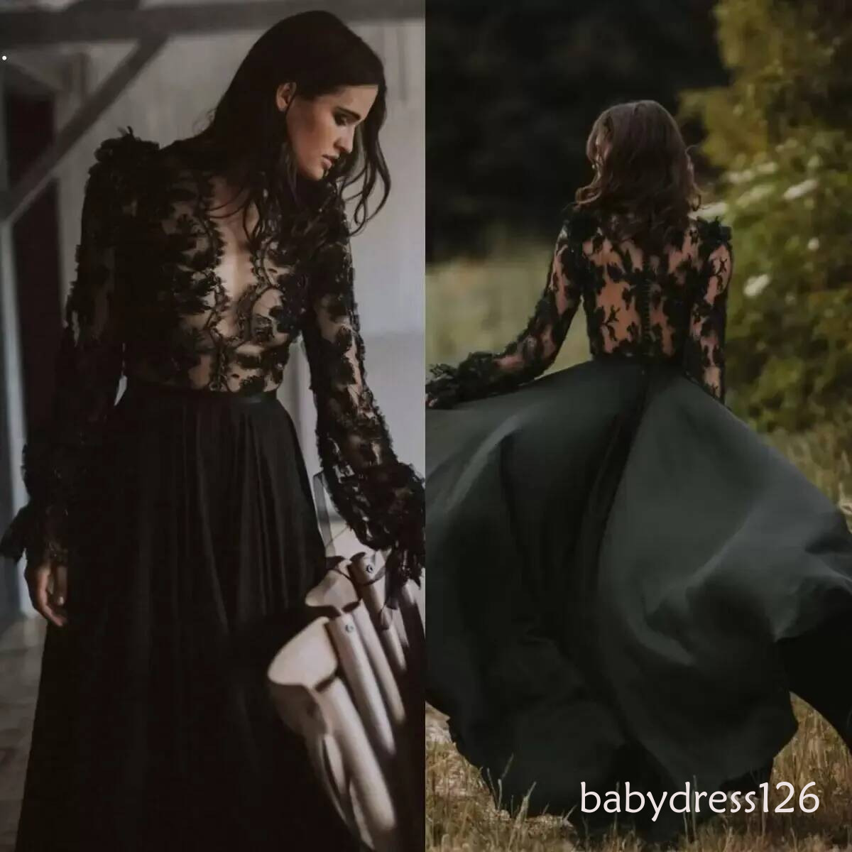 Bridal Black Wedding Dresses Gown Boho Lace Applique Illusion Bodice Chiffon Sweep Train Gothic Tulle Long Sleeves Custom Made Robe De Mariee Plus S