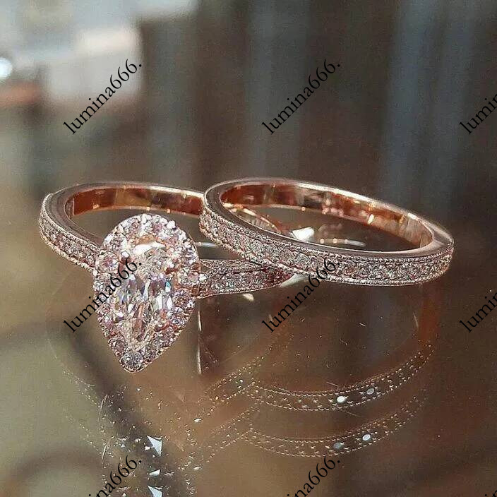 Choucong Brand Wedding Rings Classical Jewelry Sterg Sier Rose Gold Fill Pear Cut Water Drop White Topaz CZ Dia Women Bridal Ring Set For Lover Gift