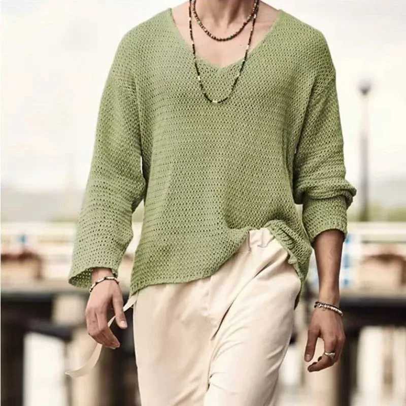 Casual Long Slve Men's Loose Hollow Knitted Sweater 2025 Fashion Versatile Outer Shirt Casual Top M261016