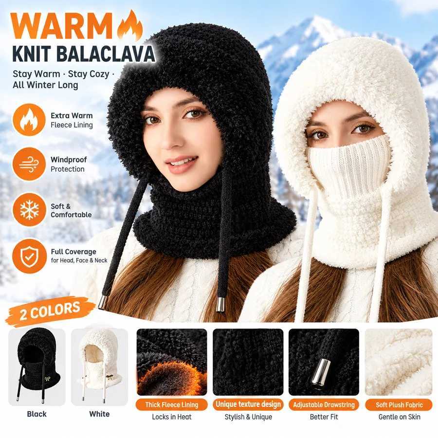 Beanie/Skull Caps 2026 Fall New Women Winter Fleece Lined Knit Beanie Hat 3-in-1 Hat Scarf Face Mask White Black Thickened Warm Outdoor Casual Cap Q