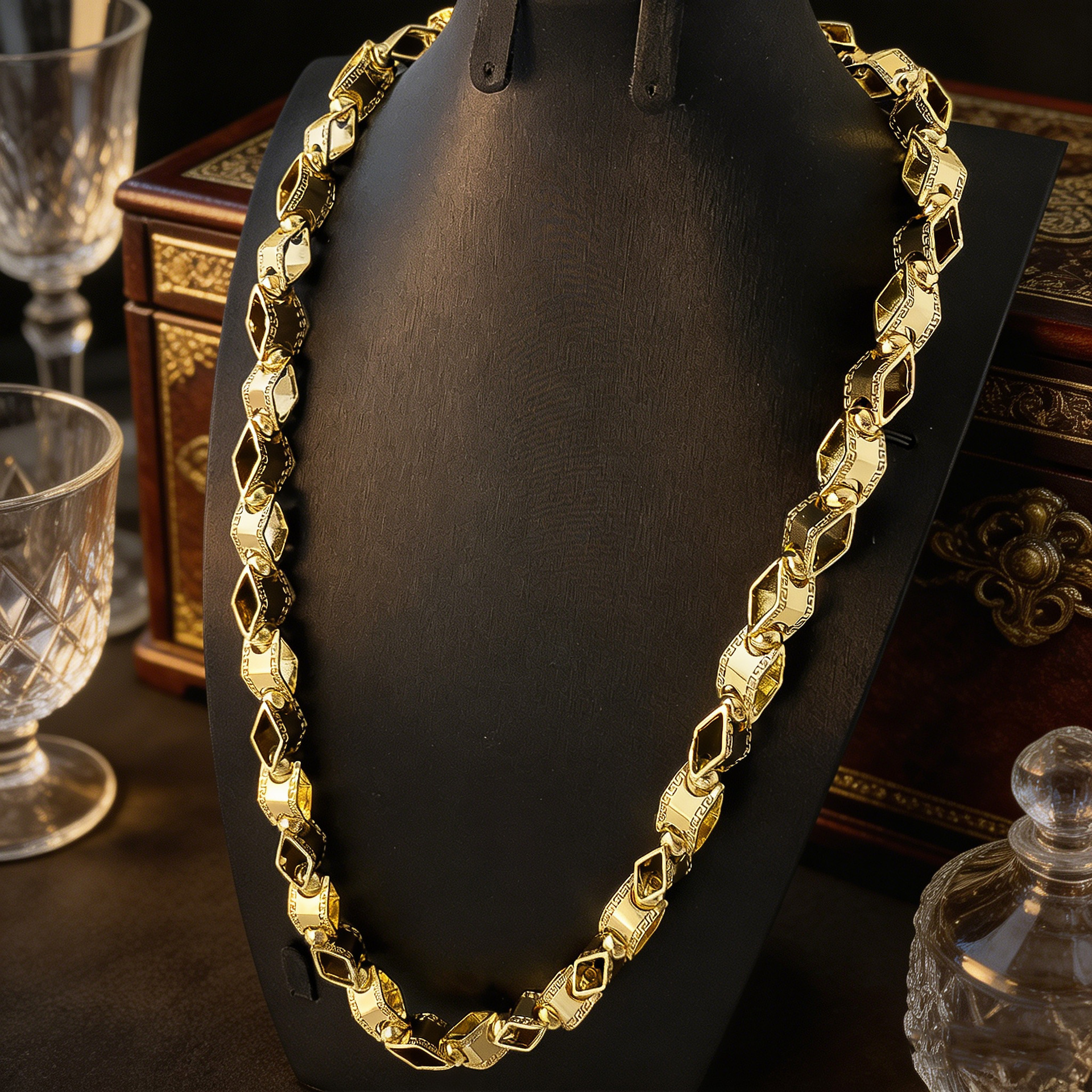 Trendy popular, this stylish high-quality ethnic-style features bold, large diamond-shaped patchwork design. It is a gold-plated necklace and jewelr