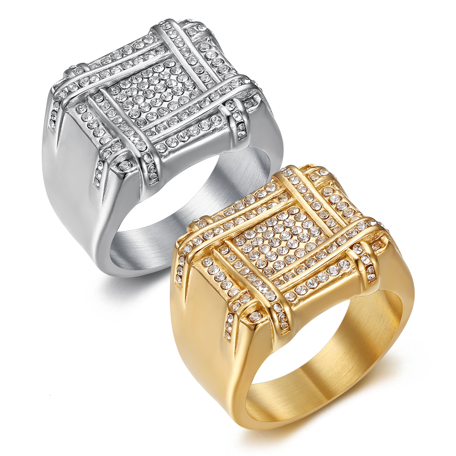 European and American Foreign Trade Hot-Selling New Hip-Hop Jewelry Stainless Steel Gold-Plated Full Diamond Square Men's Ring