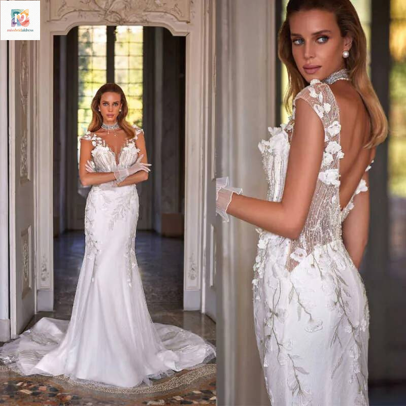 Customized Beach Mermaid Wedding Dresses Illusion 3D Flowers Appliques Backless Bridal Gowns Formal Bride Dress Mb017