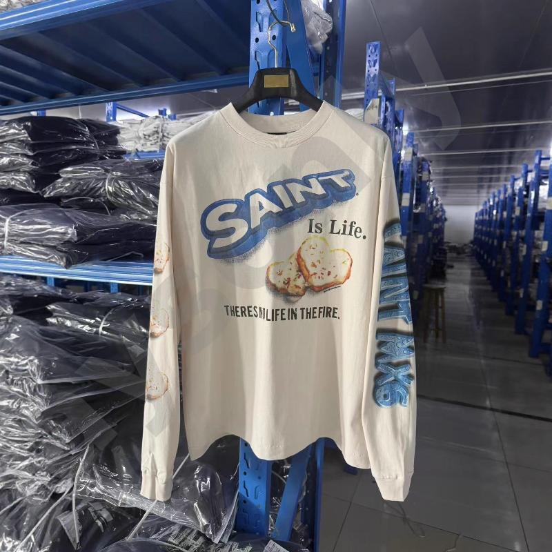 SAINTMIC designer luxury Unisex Long Sleeve T-Shirt Letter Graphic Loose Fit 100% Cotton Washed Vintage Casual Daily Top sweatshirt