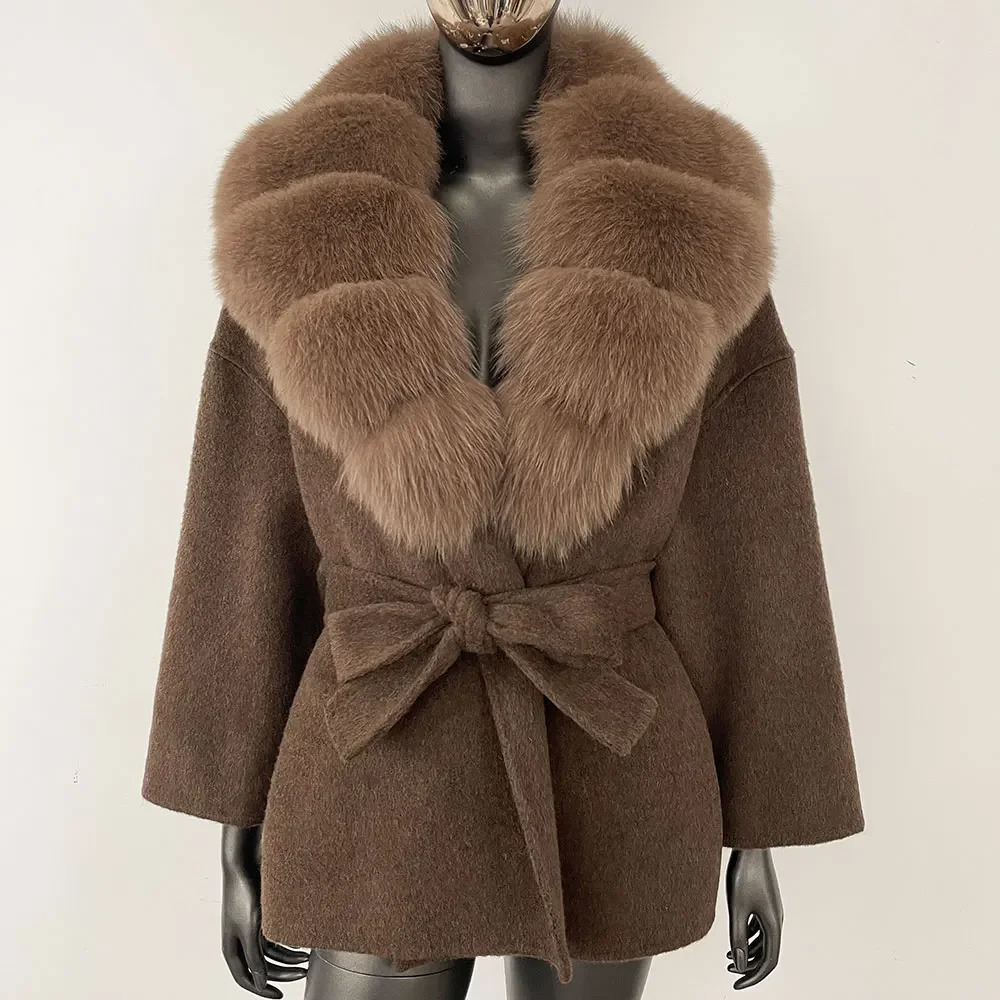 OFTBUY Raccoon Fox Fur Coat Belt Pocket Winter Blends Wool Coat Women Loose Outerwear Fur Jacket Casual Streetwear 261019