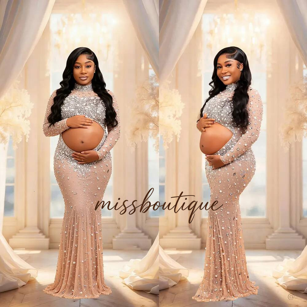 Luxury Pearls Maternity Photography Sparkle Crystals Long Sleeve High Neck Baby Shower Dress Fashion Beaded Special Occasions Gowns Custom Made Q019