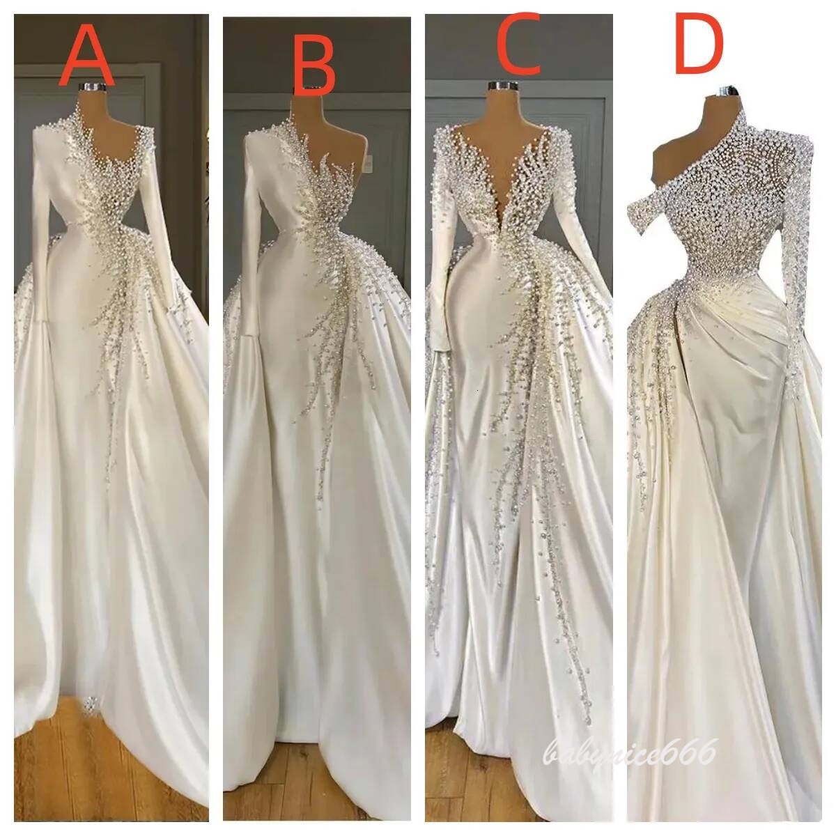 Cheap Dubai Arabic Luxury Pearls Crystal Mermaid Wedding Dresses Beaded Long Sleeves with Overskirt Detachable Train Satin V Neck Bridal Gowns Weddi
