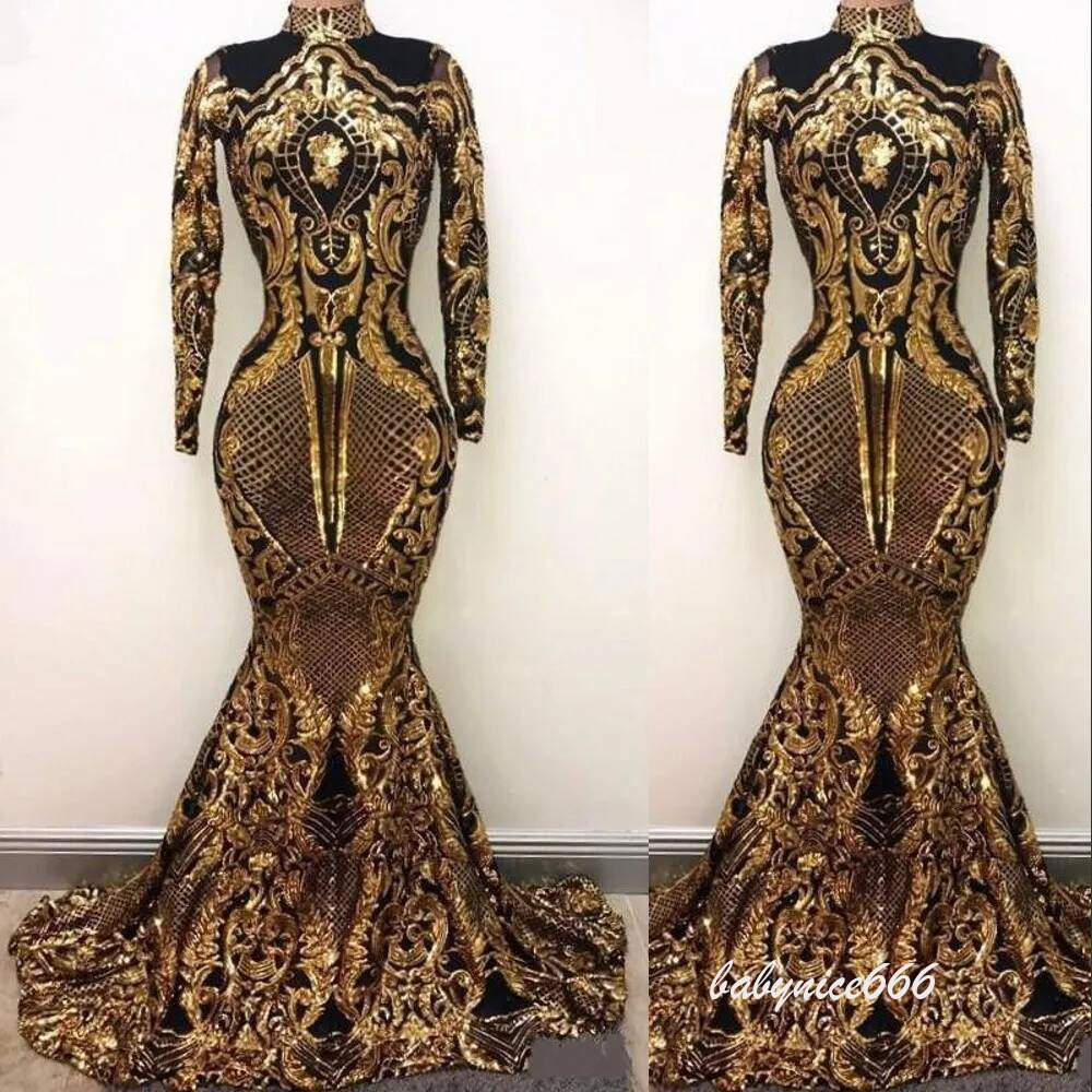 2026 Bling Luxury Long Sleeves Prom Dresses Mermaid High Neck Holidays Graduation Wear Black Gold Sequins Evening Party Gowns Custom Made