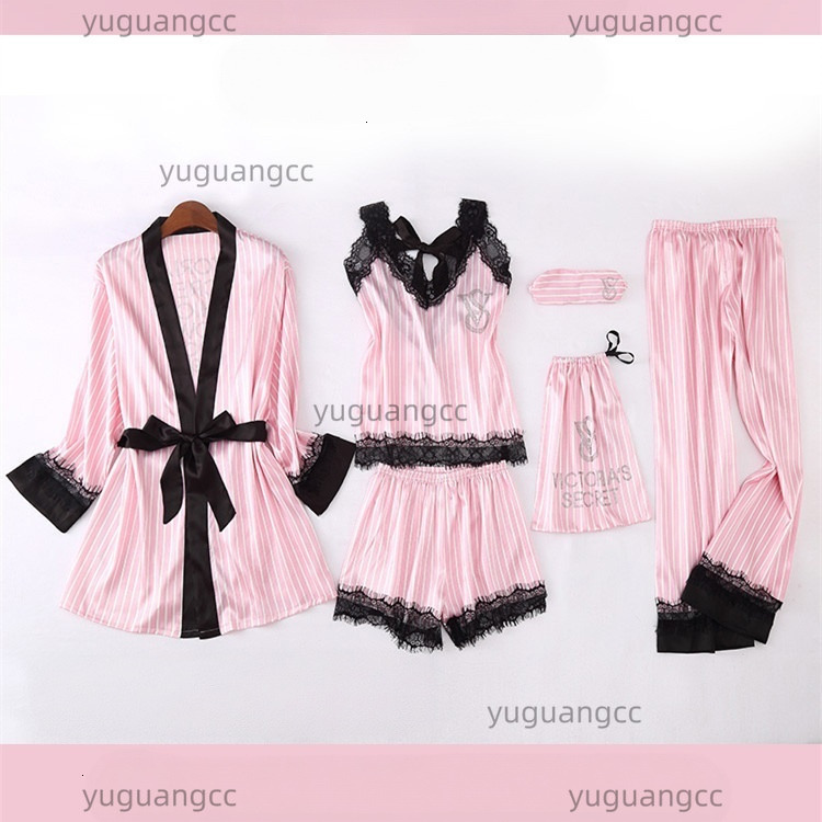 Designer Victorialys Secretlys Pijama Set Sexy Cotton For Women Sleepwear Floral Lace Trim Satin With Robe Sexy Faux Silk Sets Casual Home Clothes N
