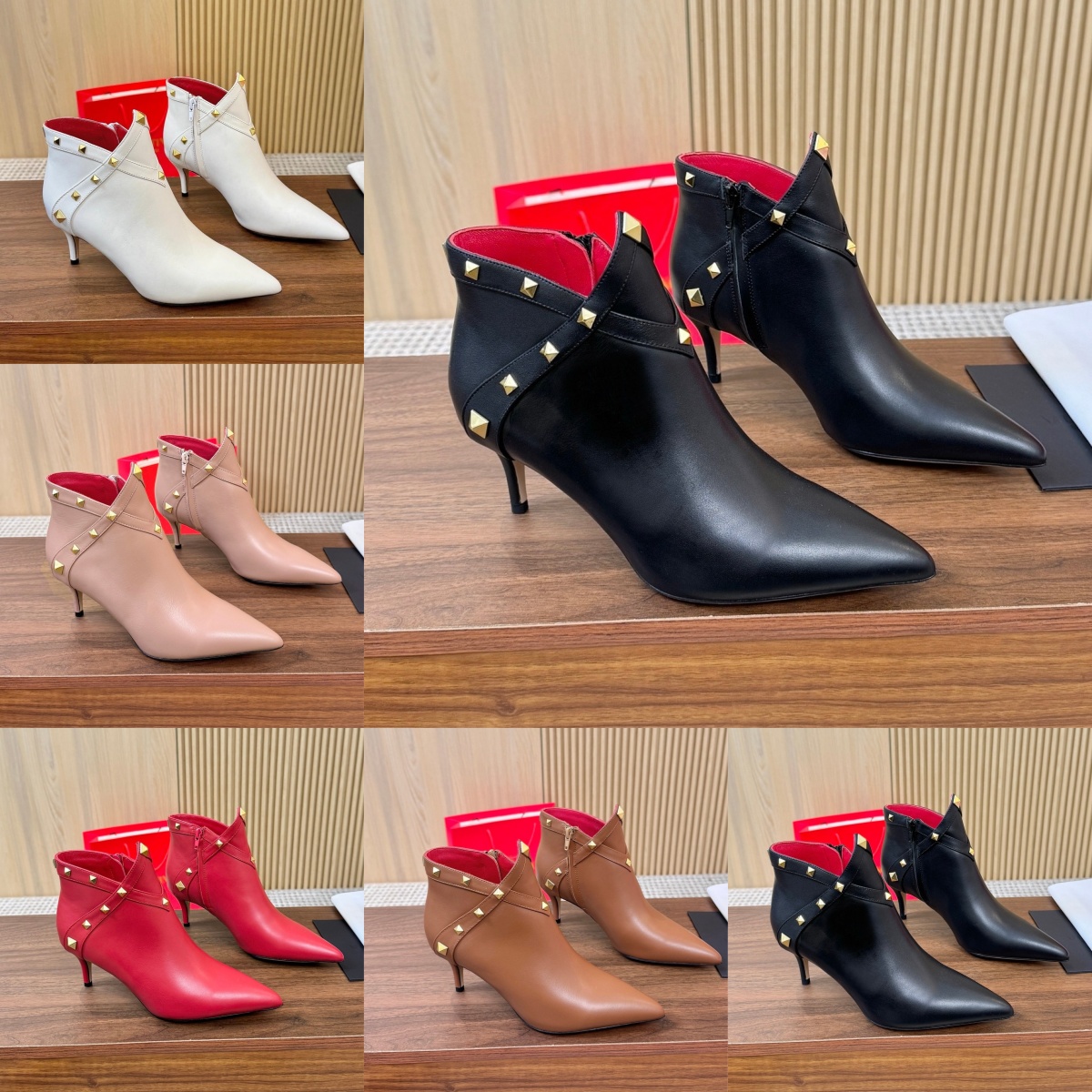 Gold Rivets High Heels Designer boots Womens Dress Shoes Luxury Pointed Stiletto Kitten heel Ankle Boot wedge Boots Zipper Gladiator Evening Formal
