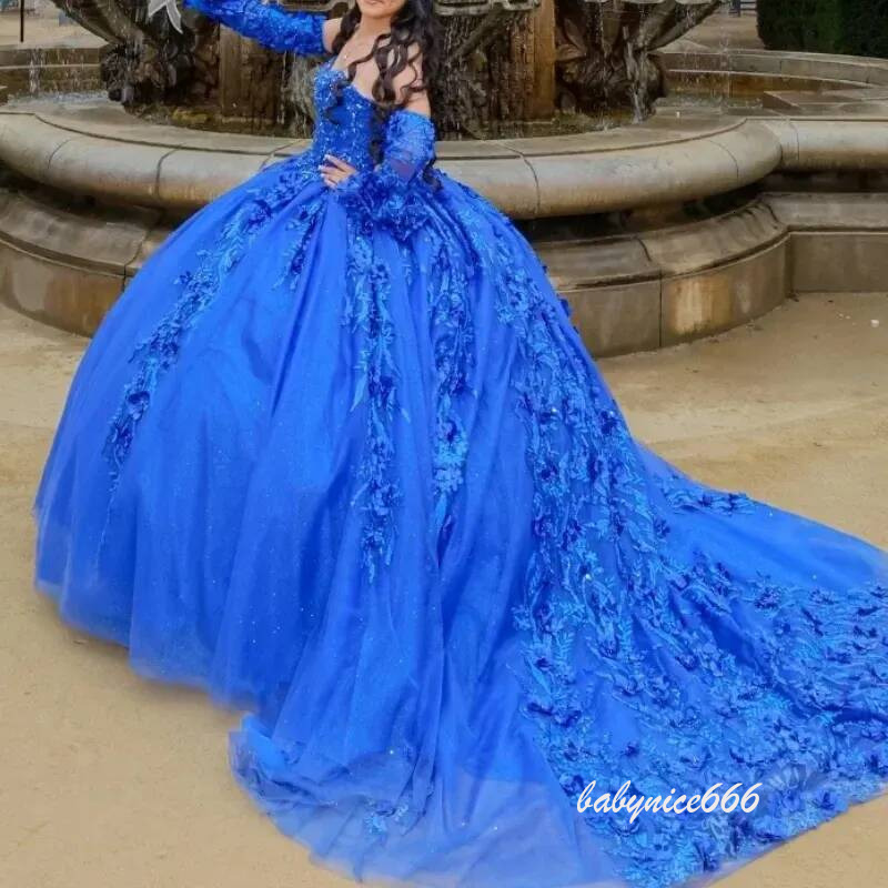 Royal Blue Quinceanera Dress Strapless Sweetheart Ball Gown with 3D Floral Lace Appliques Detachable Long Sleeves Court Train Vestido De Vx Anos