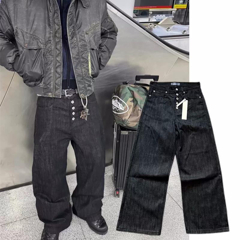 Unisex designer loose wide-leg jeans, mid-rise straight frayed denim trousers, black cotton, street-style outfit for all seasons