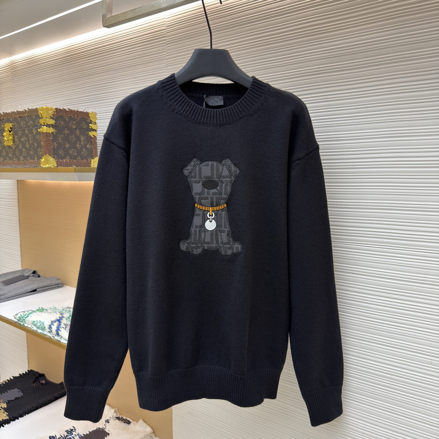 Designer brand clothing, high-quality men's black round neck dog embroidery knitted sweater, autumn and winter casual knitted top, light luxury