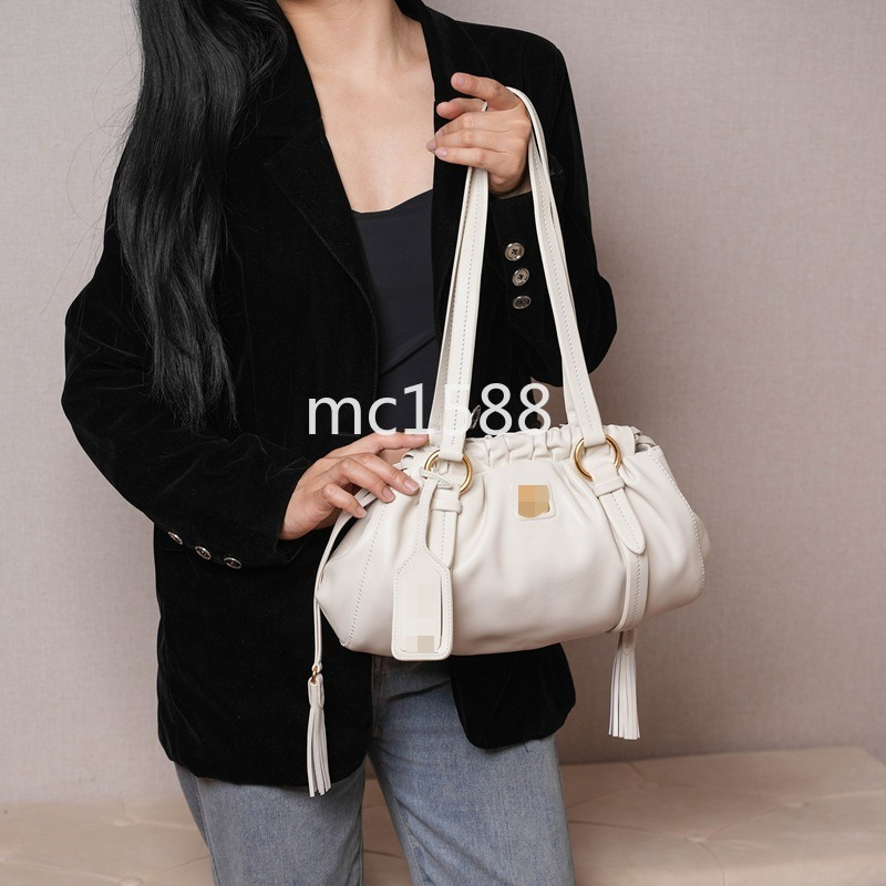 Sac à bandoulière froncé en cuir souple pour femme, Vintage, décor à pompon, grande capacité, décontracté, Shopping quotidien, sac fourre-tout so