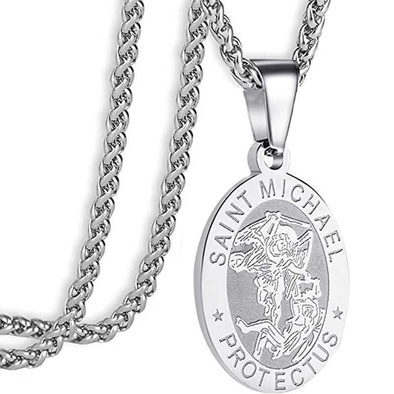 Pendentif ovale en acier inoxydable pour hommes et femmes, collier Portrait d'ange Saint Michael T261020