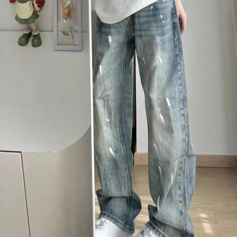 Designer Men's High-Waisted Loose Straight-Leg Jeans, Blue Denim with Splatter Paint Design, Loose Fit Casual Unisex Street Style Long Pants