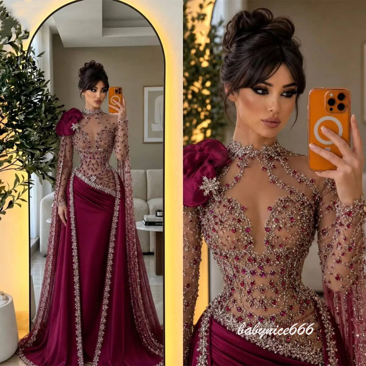 Charming Mermaid Prom Dress Crystal Beaded High Neck Evening Dresses Exquisite Lone Sleeve Floor Length Party Gowns Customized