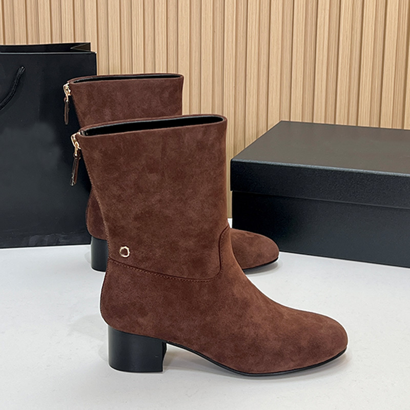 Spring Autumn Womens Designer Coarse Heel Short Boots Classic Red Brown Suede Short Boots Womans Fashion Outdoor Leisure Travel Wearing Ankle Boots