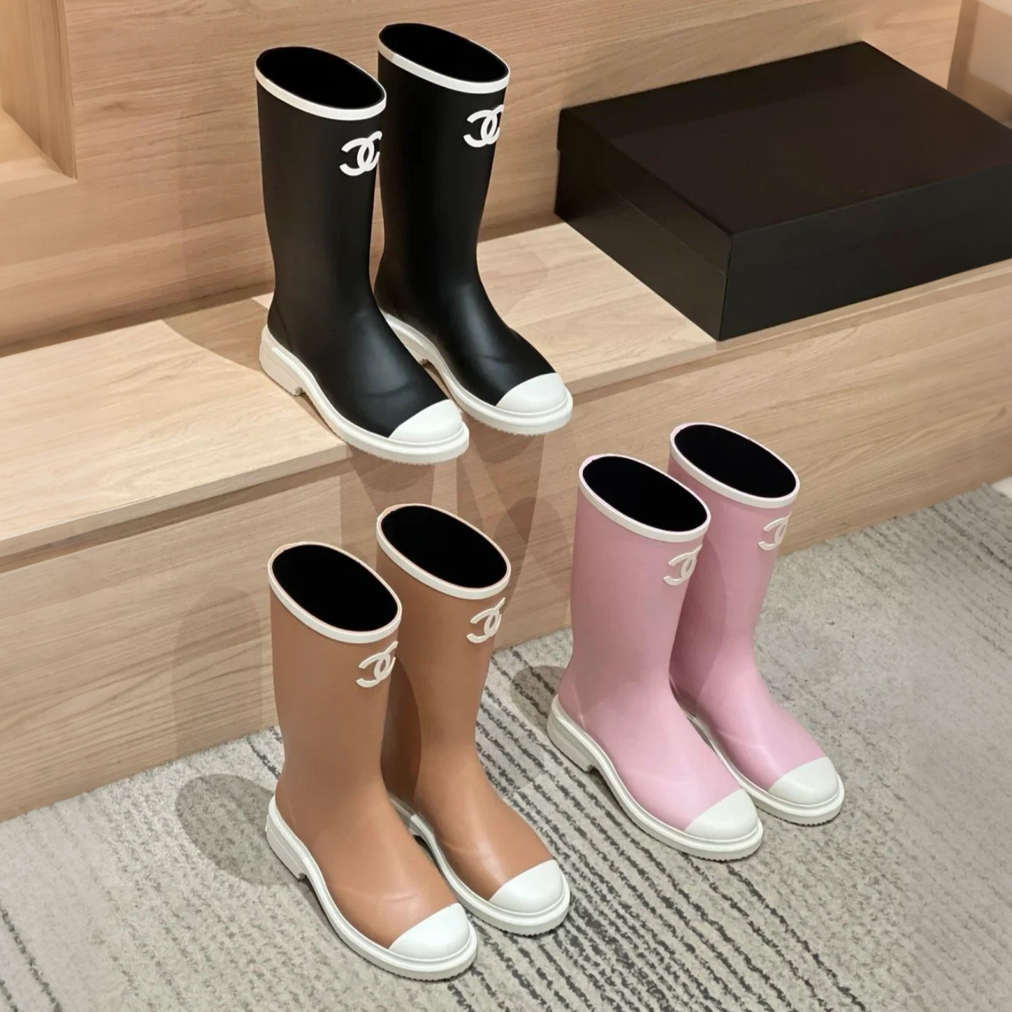 Rainboots woman Designer cc boot Rubber Rain knee high boot Luxury welly Fall Boot Classic work Knight booties Outdoor Hike walk boot Sac waterproof