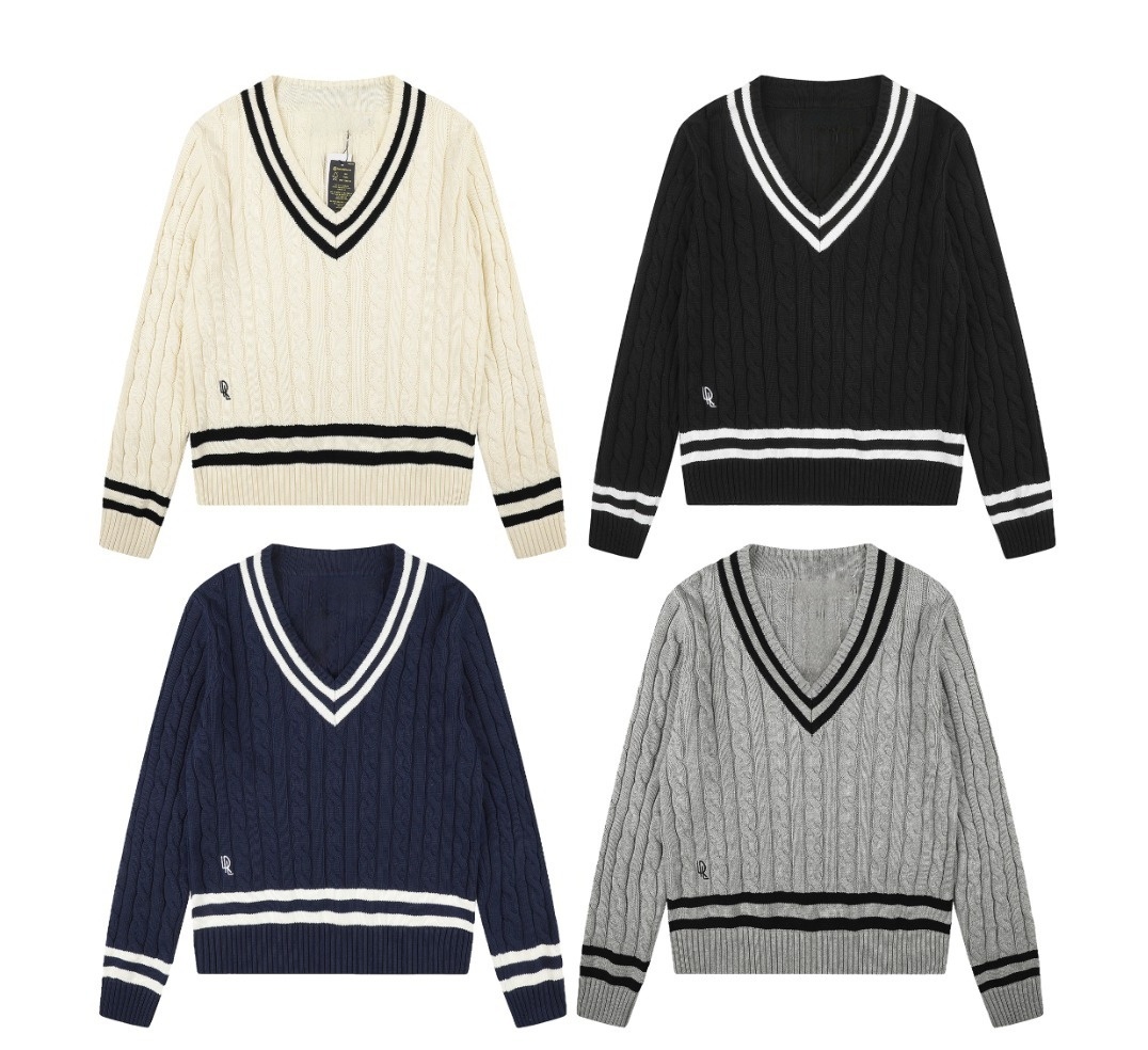 Gestreepte polo-gebreide trui in contrasterende kleur, unisex college-stijl borduurpony, losse casual trui voor heren en dames