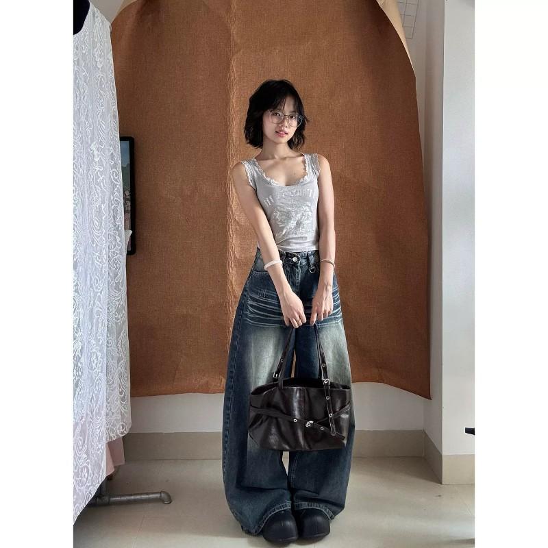 Jean de styliste pour femmes, taille haute, jambes larges, grand, Long, Vintage, moustaches de chat en détresse, ample, longueur au sol, pantalon