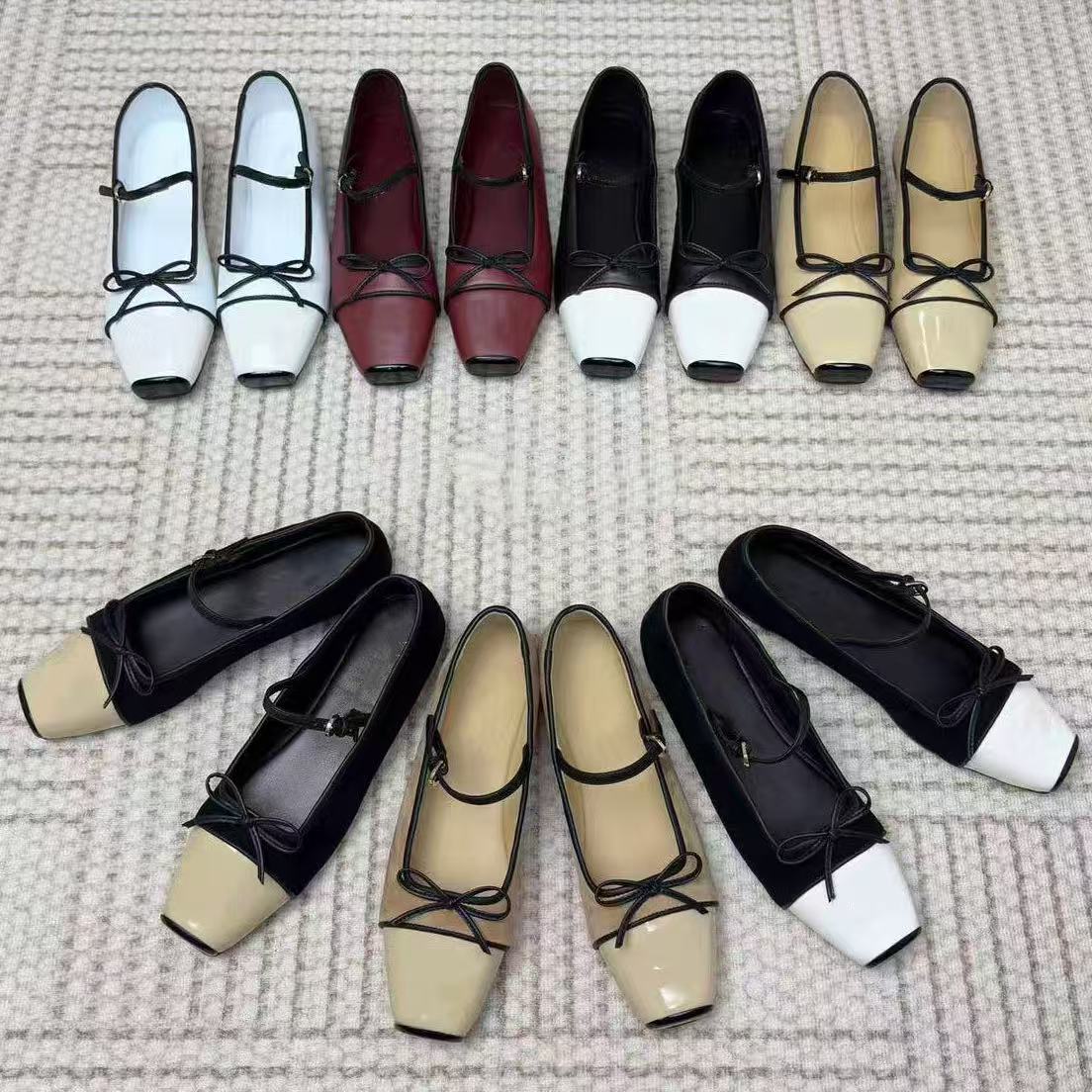 Top quality bow square toe real leather Mary Jane Ballet Flat shoes with a strap buckle Bowtie loafers womens ballerina Flat Luxury designer shoe