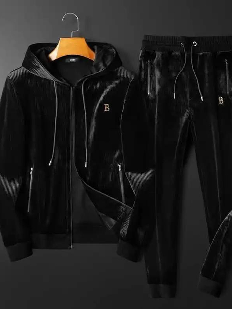 Ensemble de vêtements de sport décontractés en velours doré pour hommes, avec lettres brodées, sweat à capuche et Cardigan ouvert, costume deux p