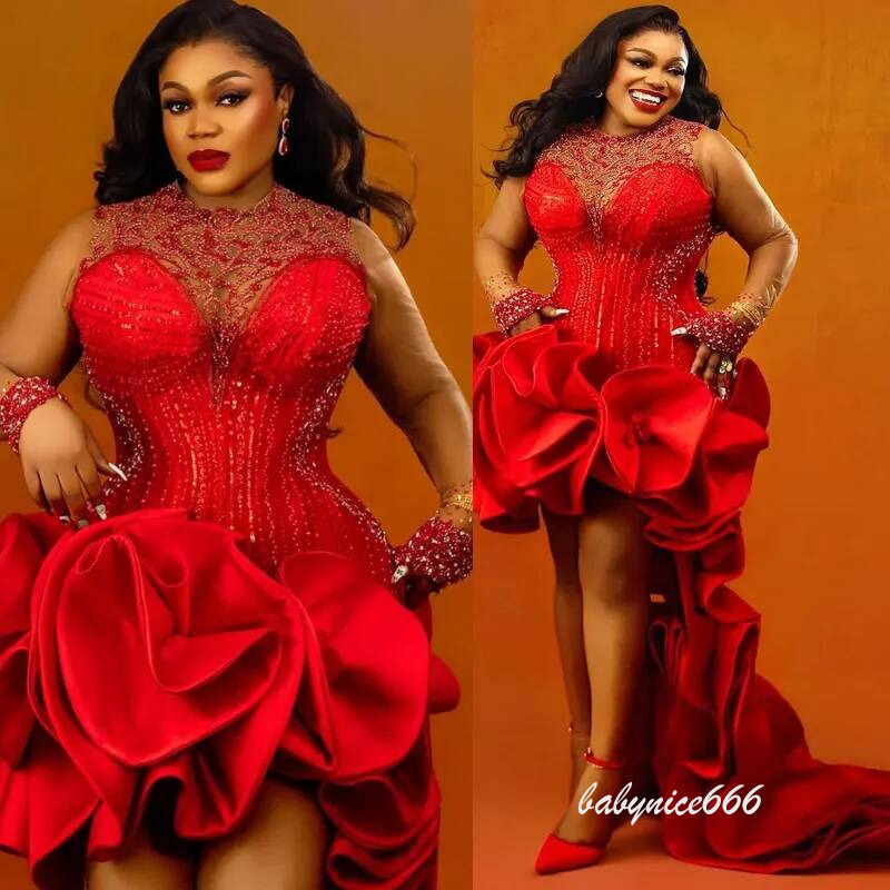 2026 Plus Size Red Cocktail For Women Mini Sheer Neck High Low Illusion Pleated Tassel Beaded Lace Birthday Dress Short Prom Dresses C513