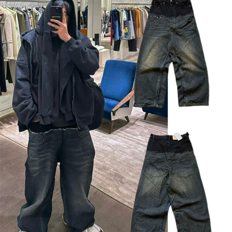 Jean à jambes larges pour hommes, pantalon en Denim ample, délavé, taille haute, noir, bleu, Streetwear, pantalon décontracté