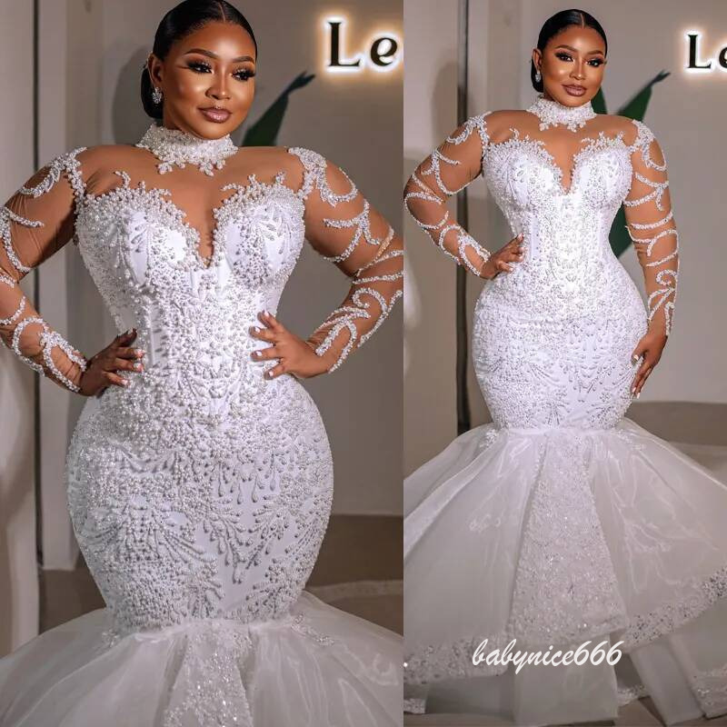 Plus Size Off White For Bride Illusion Appliqued Crystals Mermaid Wedding Gowns Pleated Pearls Beaded Lace Rhinestones Bridal Dress D858