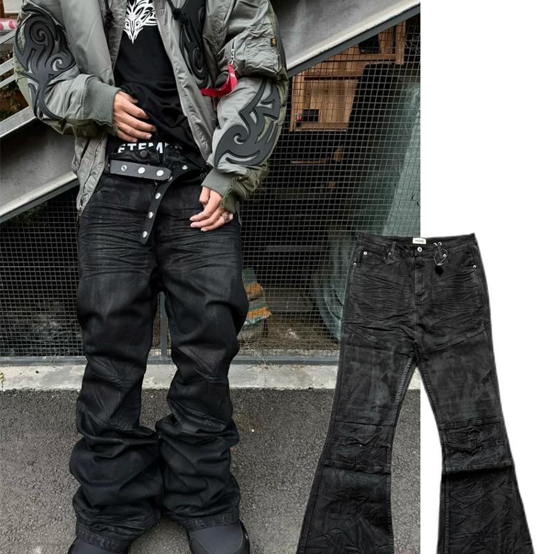 Jean évasé enduit ciré noir pour hommes et femmes, pantalon en Denim taille moyenne, lavage à l'eau, Streetwear unisexe, automne 2026