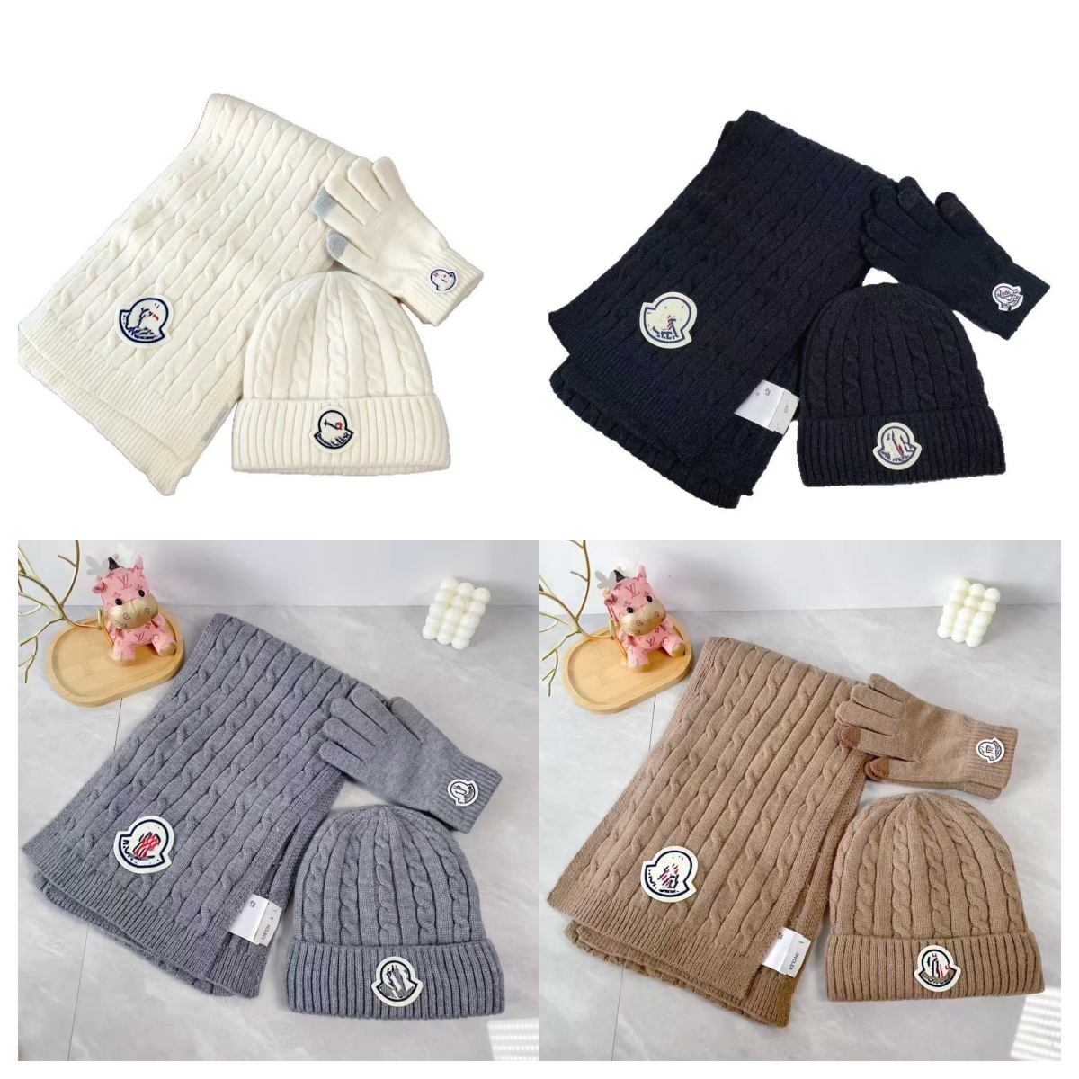 3pcs Winter Accessory Winter new style hat scarf and gloves set for warmth touchscreen QR code twisted design high quality Winter Beanie Set 888
