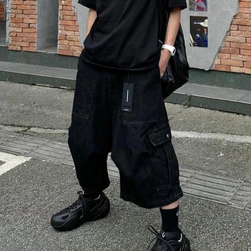 Designer Men's Black Loose Cargo Jeans, Straight Cropped 7/8 Length Pants, Summer Street Style, Mid-to-High Rise Button Fly Solid Color Casual