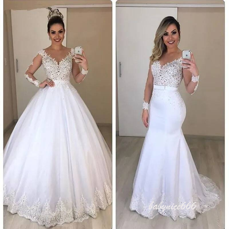 2026 new Vestido De Novia Lace 2 In 1 Mermaid Wedding Dresses sheer Long Sleeves Detachable Train Puffy Tulle Appliques Bridal Gowns
