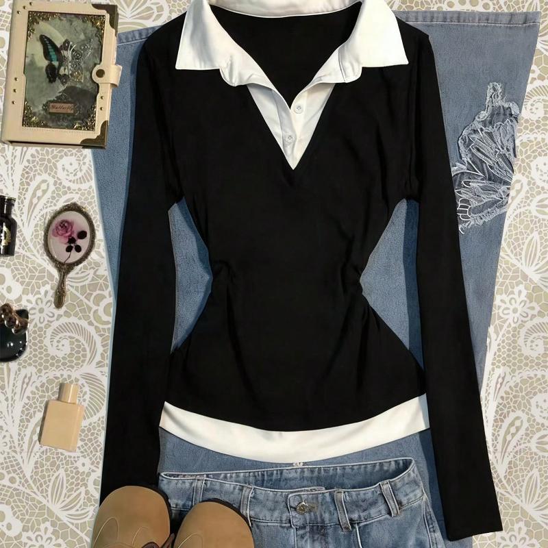 T-Shirt à manches longues et col à revers pour femmes, couleur contrastée, faux deux pièces, haut d'épissure, coupe cintrée, pull décontracté