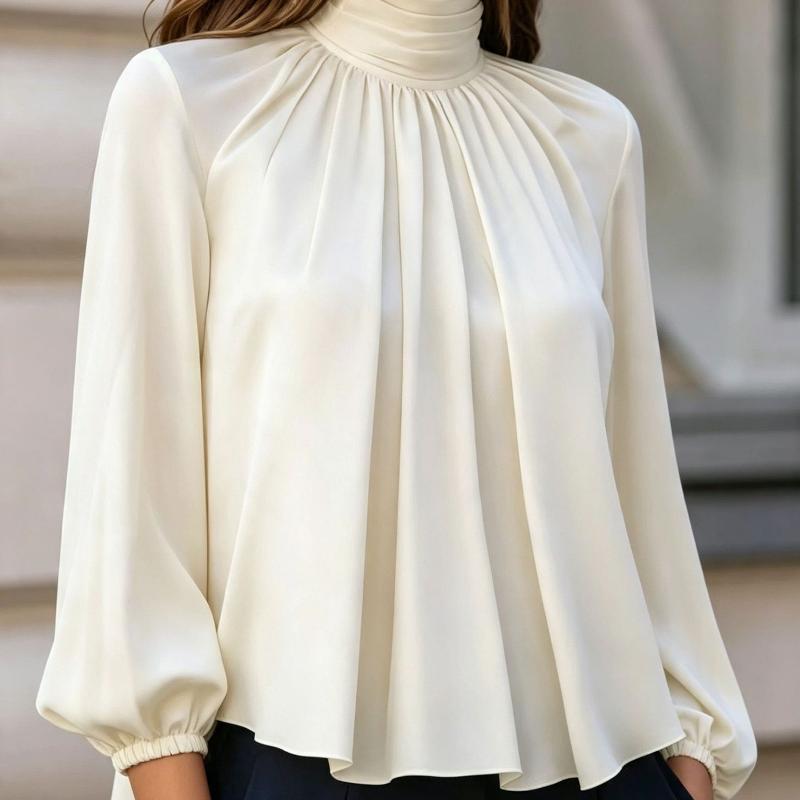 Camicetta da donna elegante a pieghe con collo a mezza altezza, lanterna allentata, manica lunga, tinta unita, camicia da ufficio per pendolari