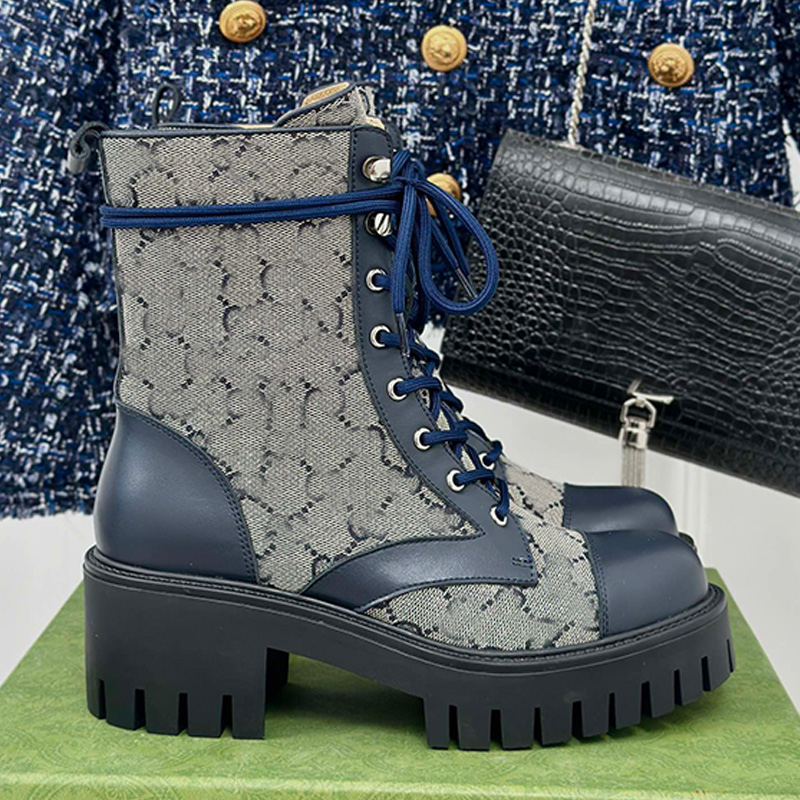 Designer Womens Fashionable Lace Up Short Boots Retro Style Blue Calf Leather Patchwork Printed Canvas Shoes Upper Short Boots Womans Outdoor Sports