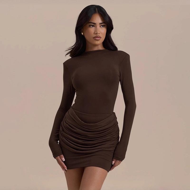 Robe moulante froncée à manches longues pour femmes, couleur unie, col bateau, coupe cintrée, robe crayon courte, Streetwear d'automne