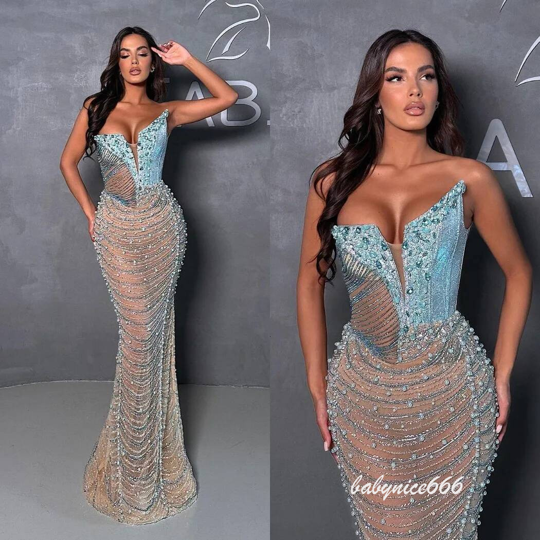 Designer Evening Dresses For Women Sweetheart Neck Sleeveless Gown Crystal Beaded Sequins See Through Floor Length Party Customized Dress